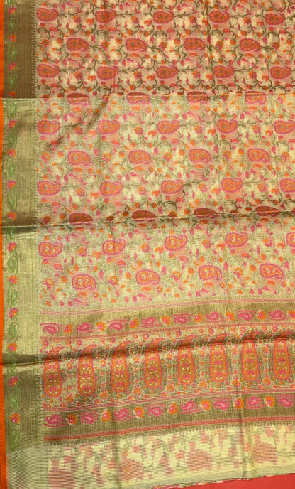 Beige Cotton Blend Banarasi Sarees For Women GEASF_713
