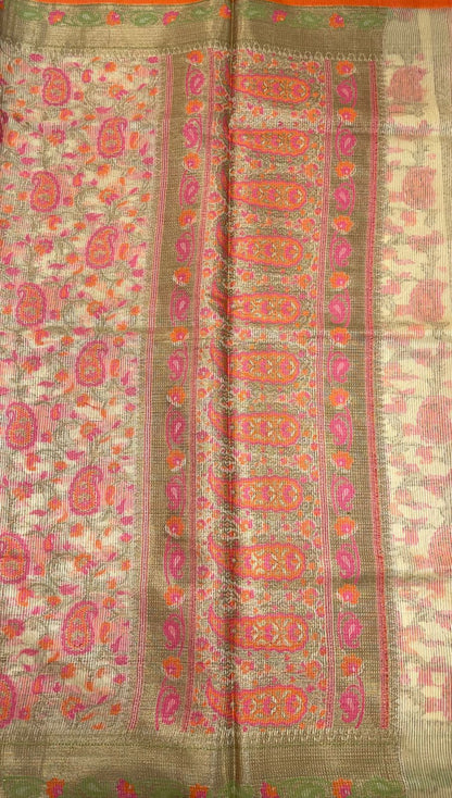 Beige Cotton Blend Banarasi Sarees For Women GEASF_713