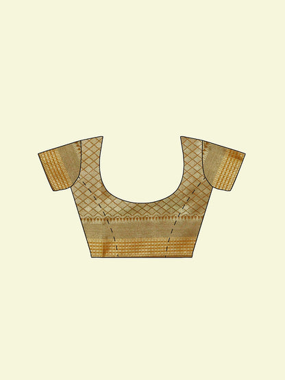 Faishana Presents Beige Abstarct Huge Square Pattern Orange Meena With Beige Border And Beige Blouse Banarasi Saree