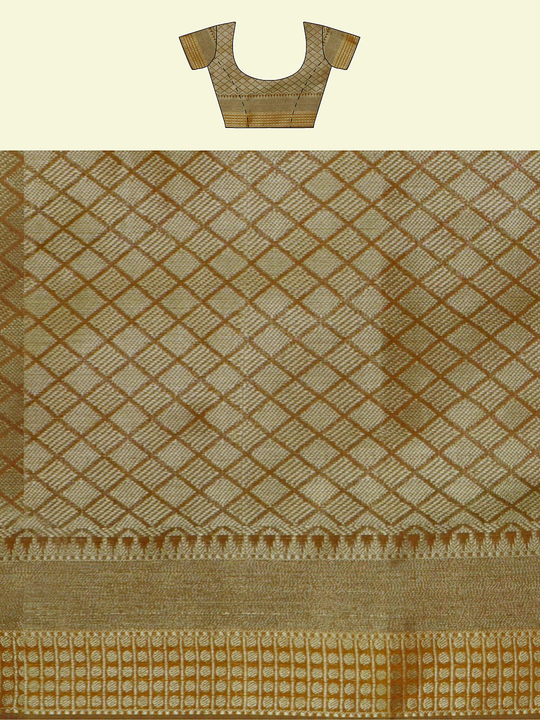 Faishana Presents Beige Abstarct Huge Square Pattern Orange Meena With Beige Border And Beige Blouse Banarasi Saree