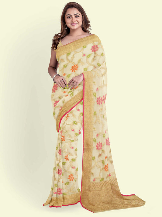 Faishana Presents Beige Cotton Tilfi Jaal Beige Border With Beige Blouse Banarasi Saree