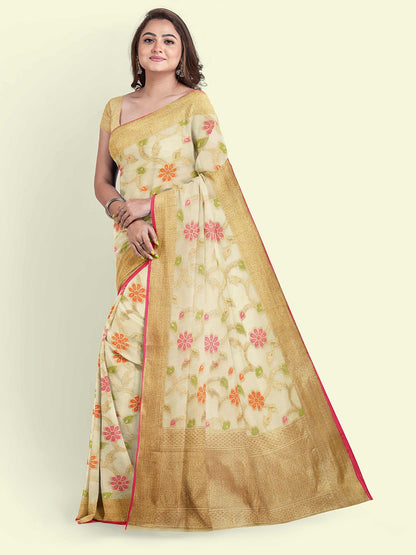 Faishana Presents Beige Cotton Tilfi Jaal Beige Border With Beige Blouse Banarasi Saree