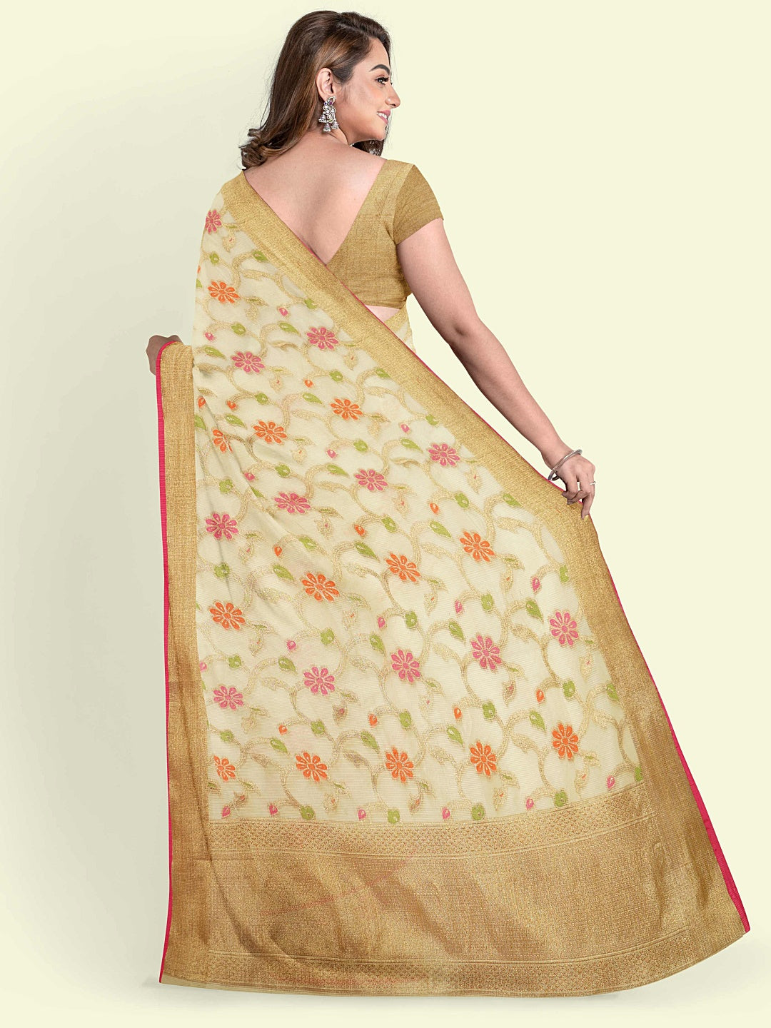 Faishana Presents Beige Cotton Tilfi Jaal Beige Border With Beige Blouse Banarasi Saree