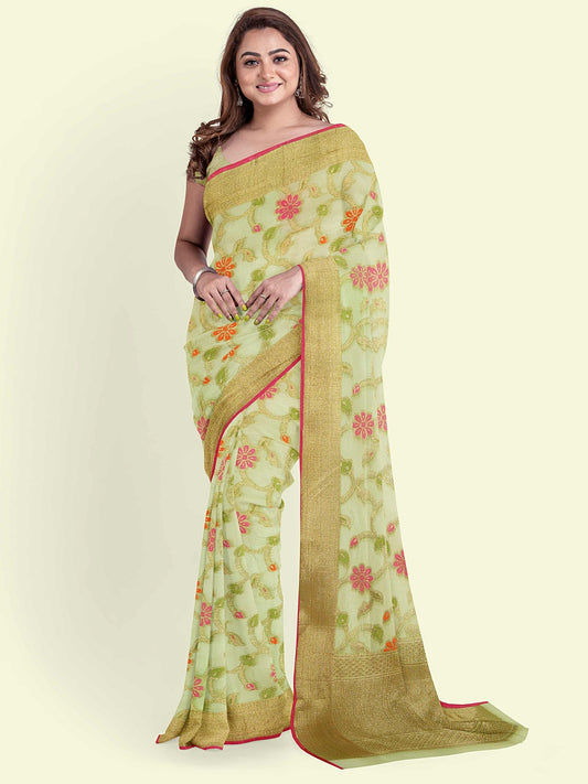 Faishana Presents Green Cotton Tilfi Jaal Beige Border With Green Blouse Banarasi Saree