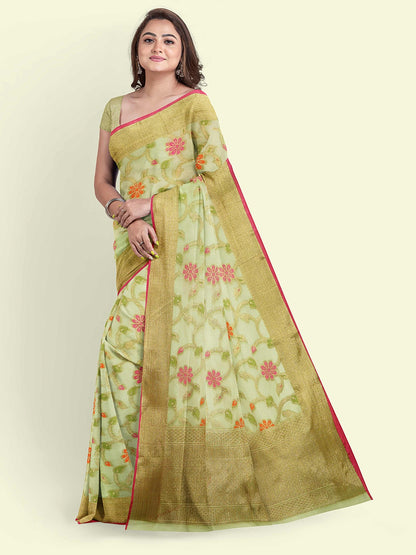 Faishana Presents Green Cotton Tilfi Jaal Beige Border With Green Blouse Banarasi Saree
