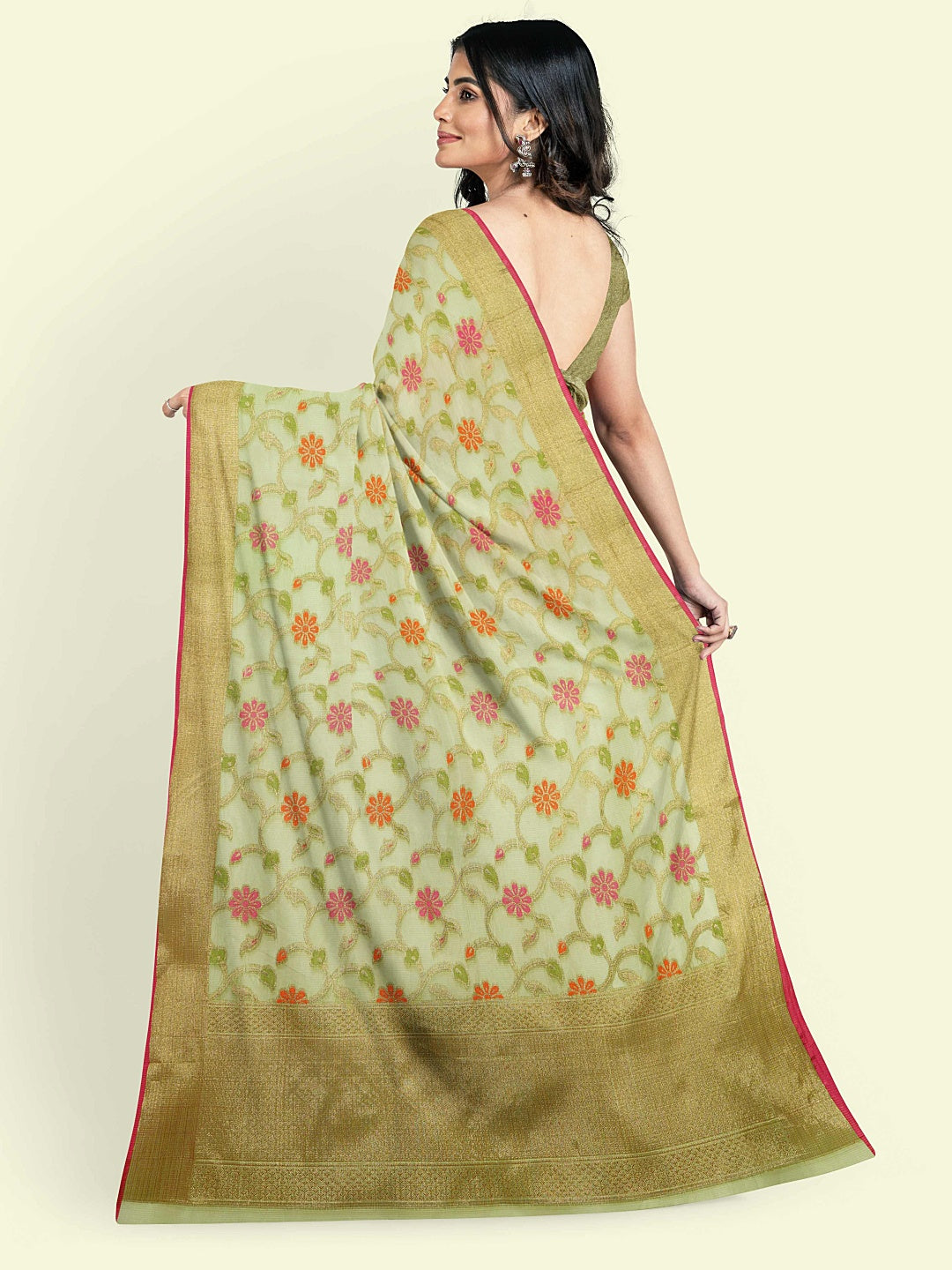 Faishana Presents Green Cotton Tilfi Jaal Beige Border With Green Blouse Banarasi Saree