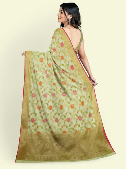 Faishana Presents Green Cotton Tilfi Jaal Beige Border With Green Blouse Banarasi Saree