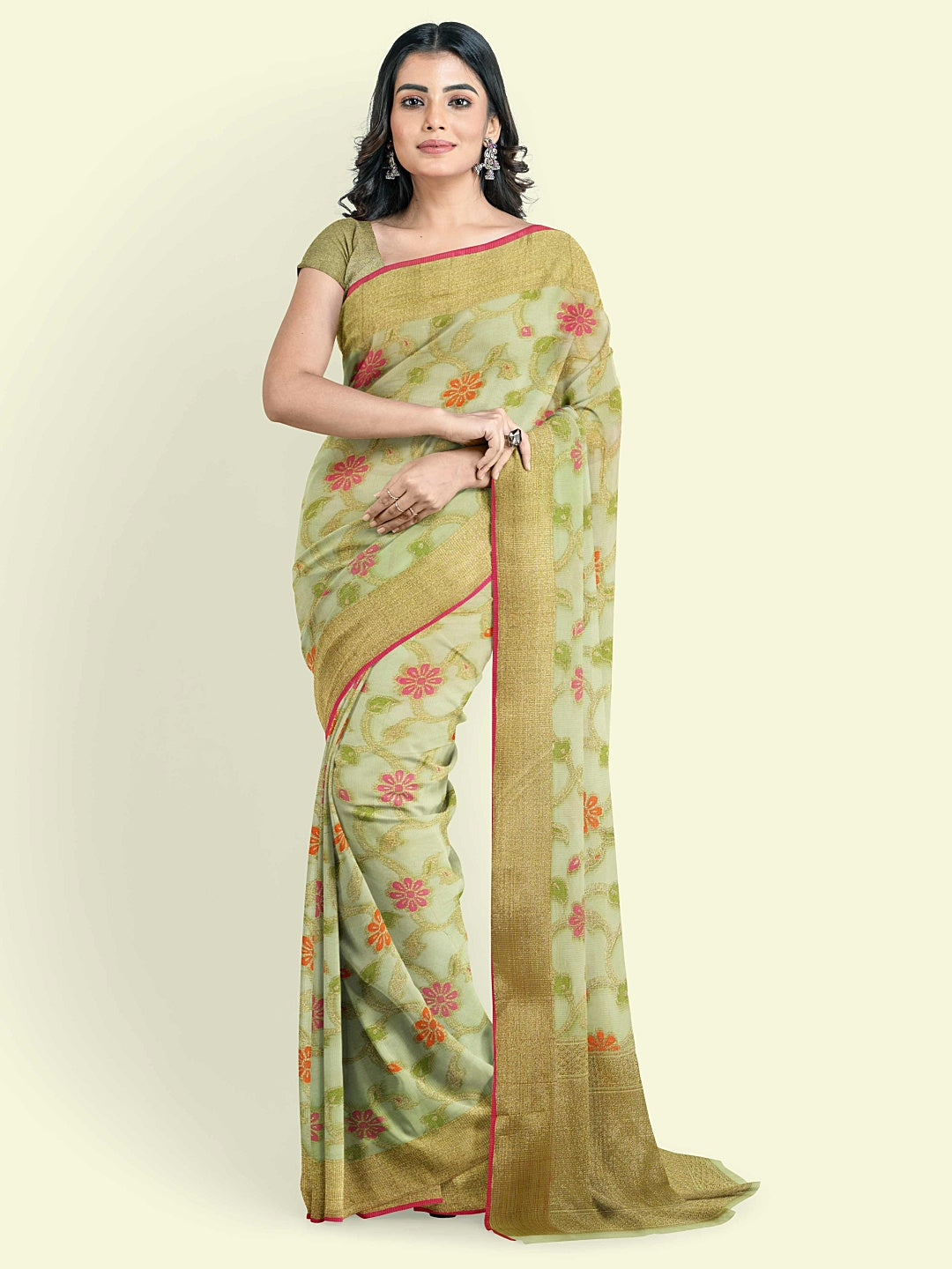 Faishana Presents Green Cotton Tilfi Jaal Beige Border With Green Blouse Banarasi Saree