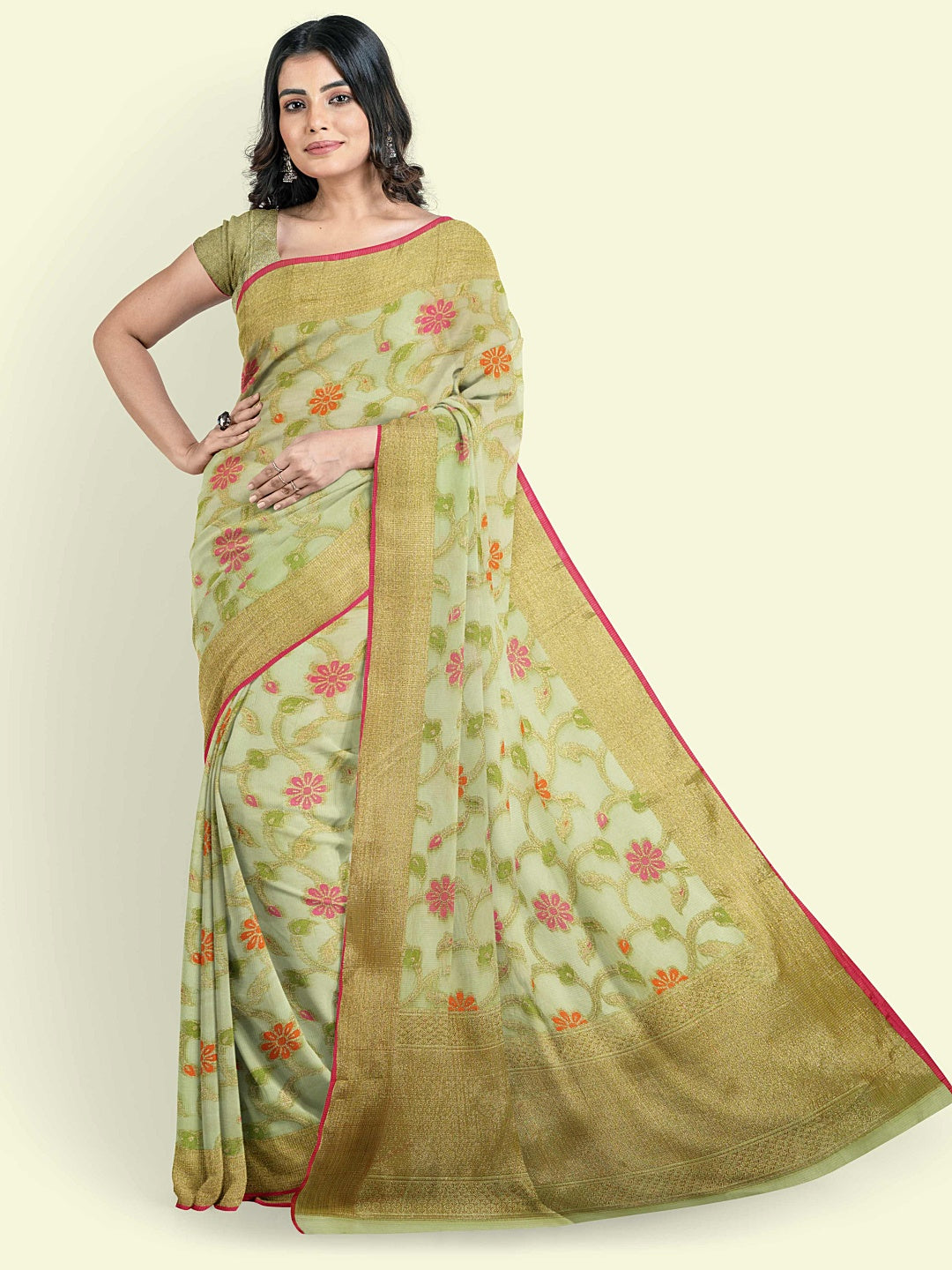Faishana Presents Green Cotton Tilfi Jaal Beige Border With Green Blouse Banarasi Saree