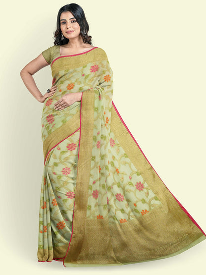 Faishana Presents Green Cotton Tilfi Jaal Beige Border With Green Blouse Banarasi Saree