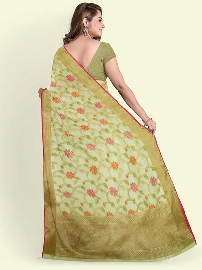 Faishana Presents Green Cotton Tilfi Jaal Beige Border With Green Blouse Banarasi Saree