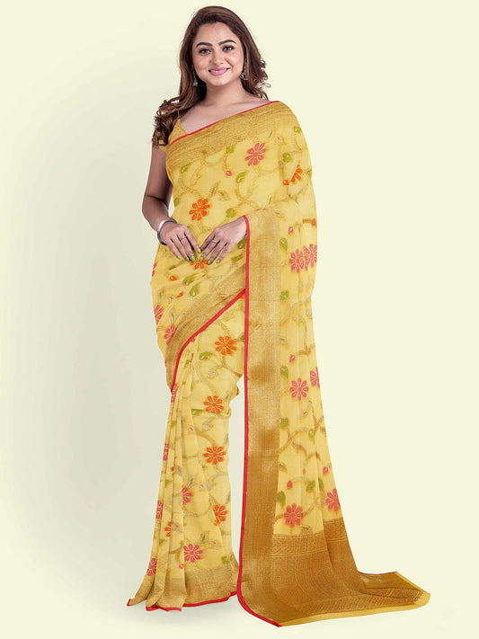 Faishana Presents Yellow Cotton Floral Meena Booti With Yellow Border And Yellow Blouse Banarasi Saree