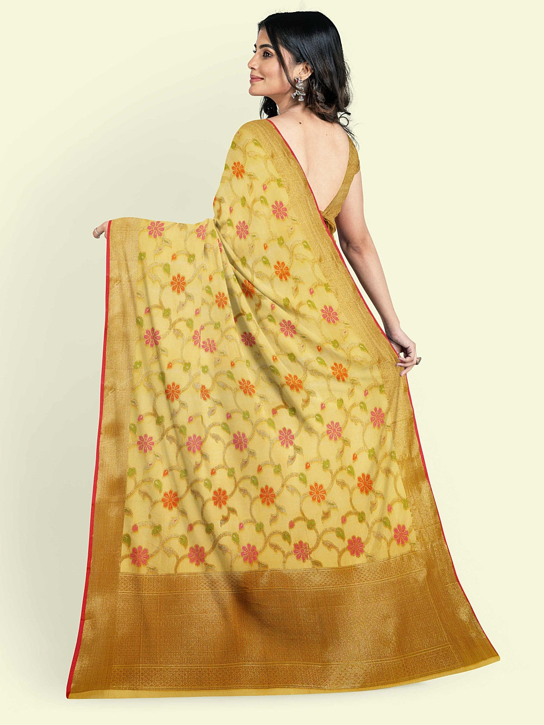 Faishana Presents Yellow Cotton Floral Meena Booti With Yellow Border And Yellow Blouse Banarasi Saree