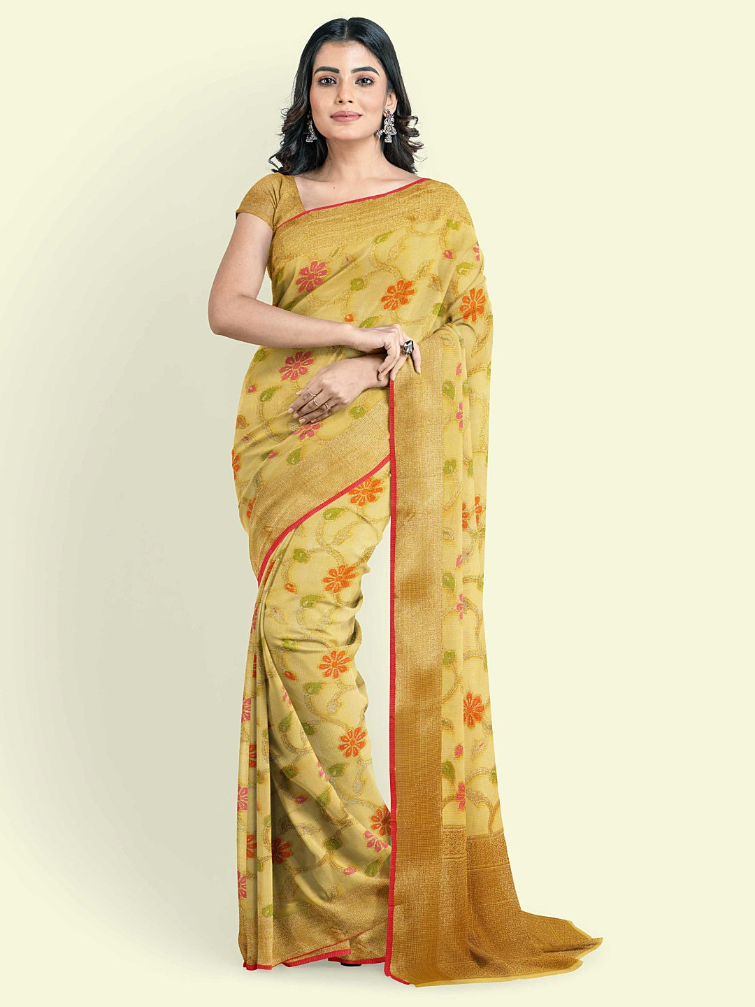 Faishana Presents Yellow Cotton Floral Meena Booti With Yellow Border And Yellow Blouse Banarasi Saree