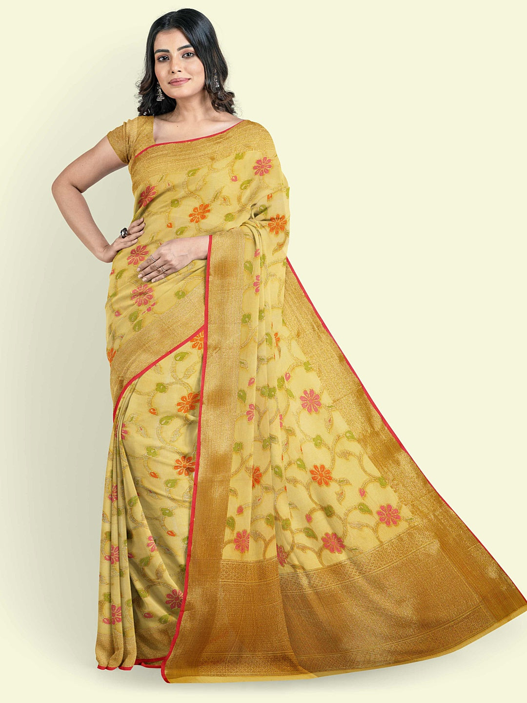 Faishana Presents Yellow Cotton Floral Meena Booti With Yellow Border And Yellow Blouse Banarasi Saree