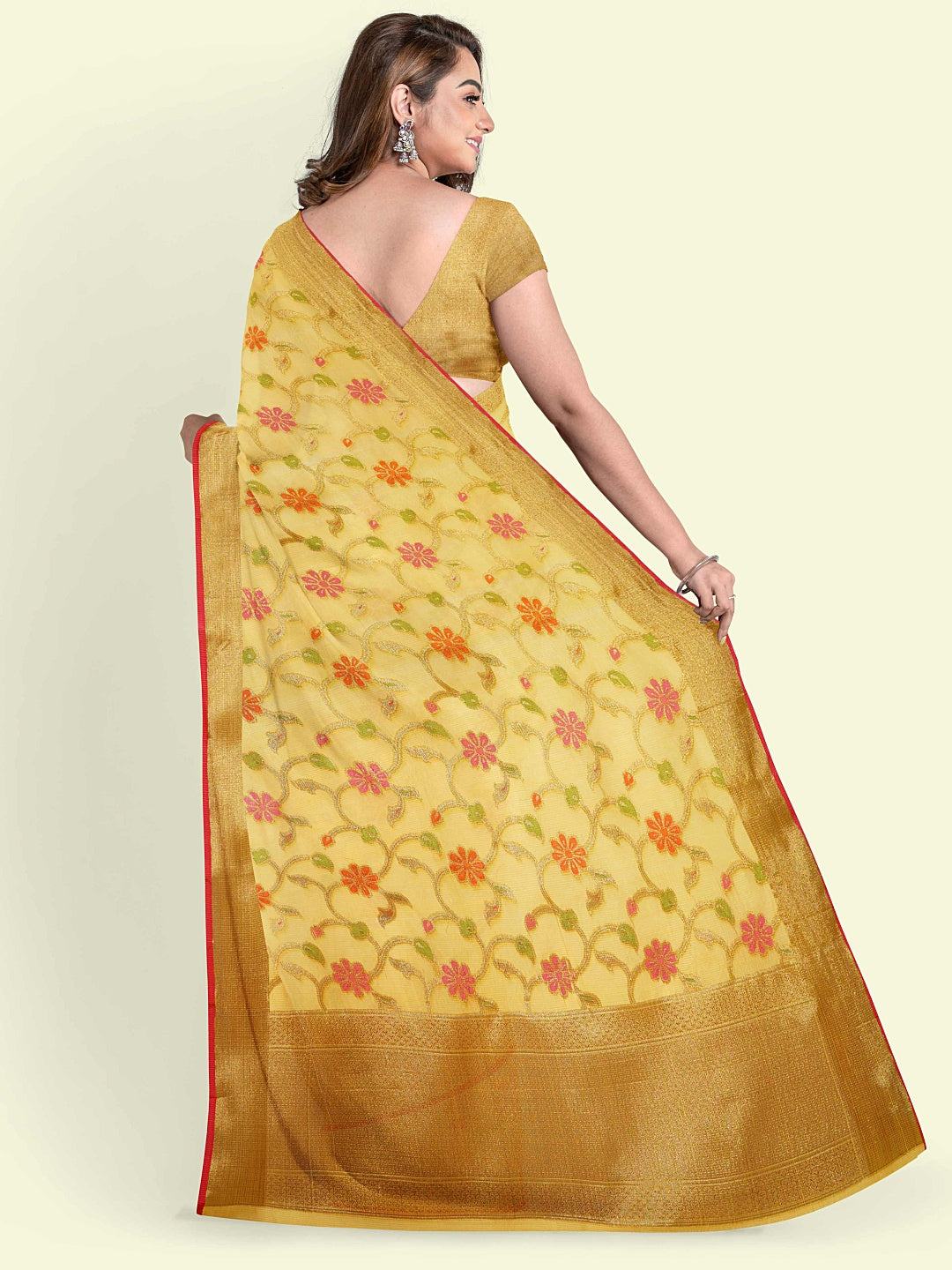 Faishana Presents Yellow Cotton Floral Meena Booti With Yellow Border And Yellow Blouse Banarasi Saree