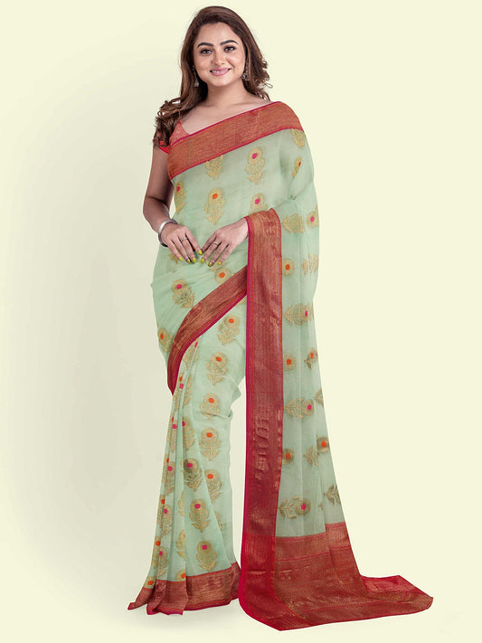 Faishana Presents Turquoise Blue Cotton Floral Meena Booti With Red Border And Red Blouse Banarasi Saree