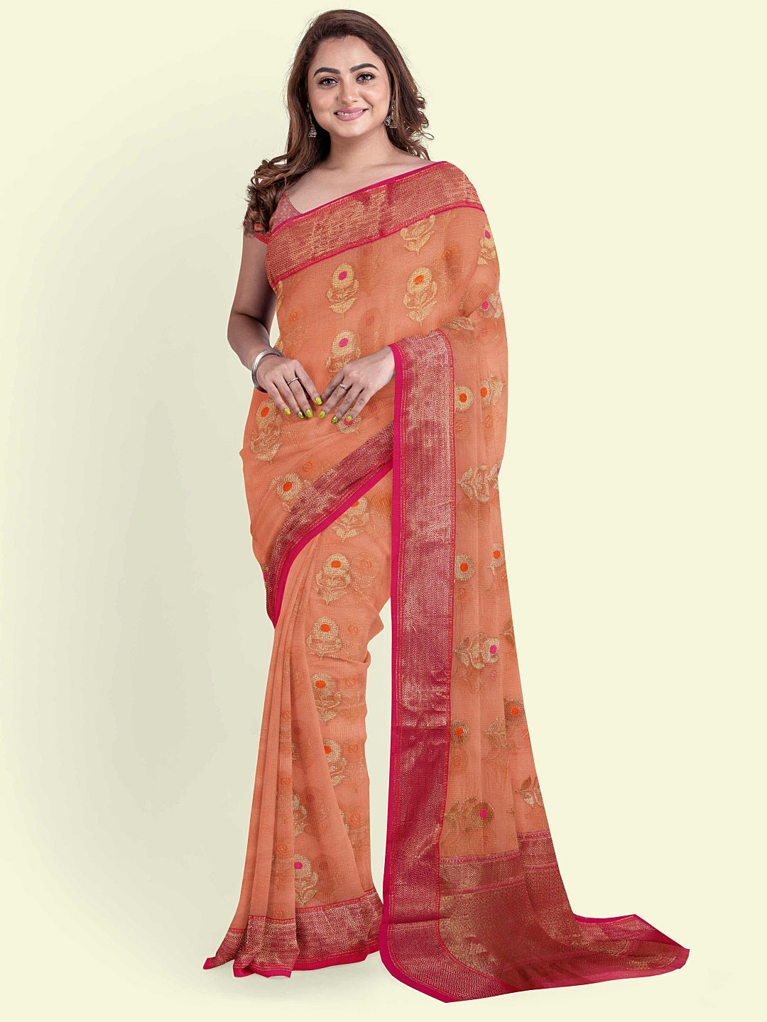 Faishana Presents Orange Green Cotton Floral Meena Booti With Pink Border And Pink Blouse Banarasi Saree