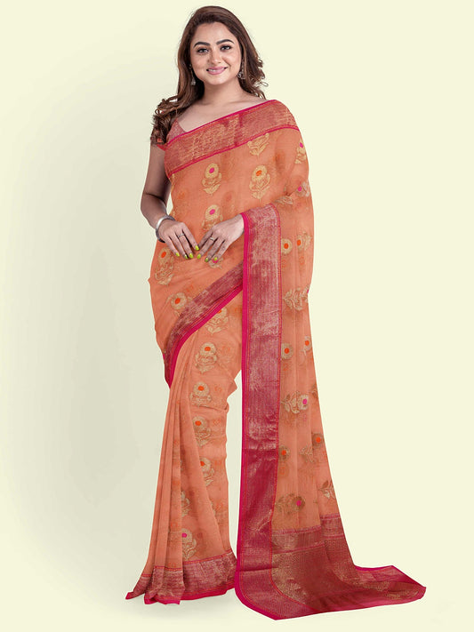 Faishana Presents Orange Green Cotton Floral Meena Booti With Pink Border And Pink Blouse Banarasi Saree