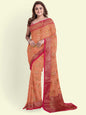 Faishana Presents Orange Green Cotton Floral Meena Booti With Pink Border And Pink Blouse Banarasi Saree
