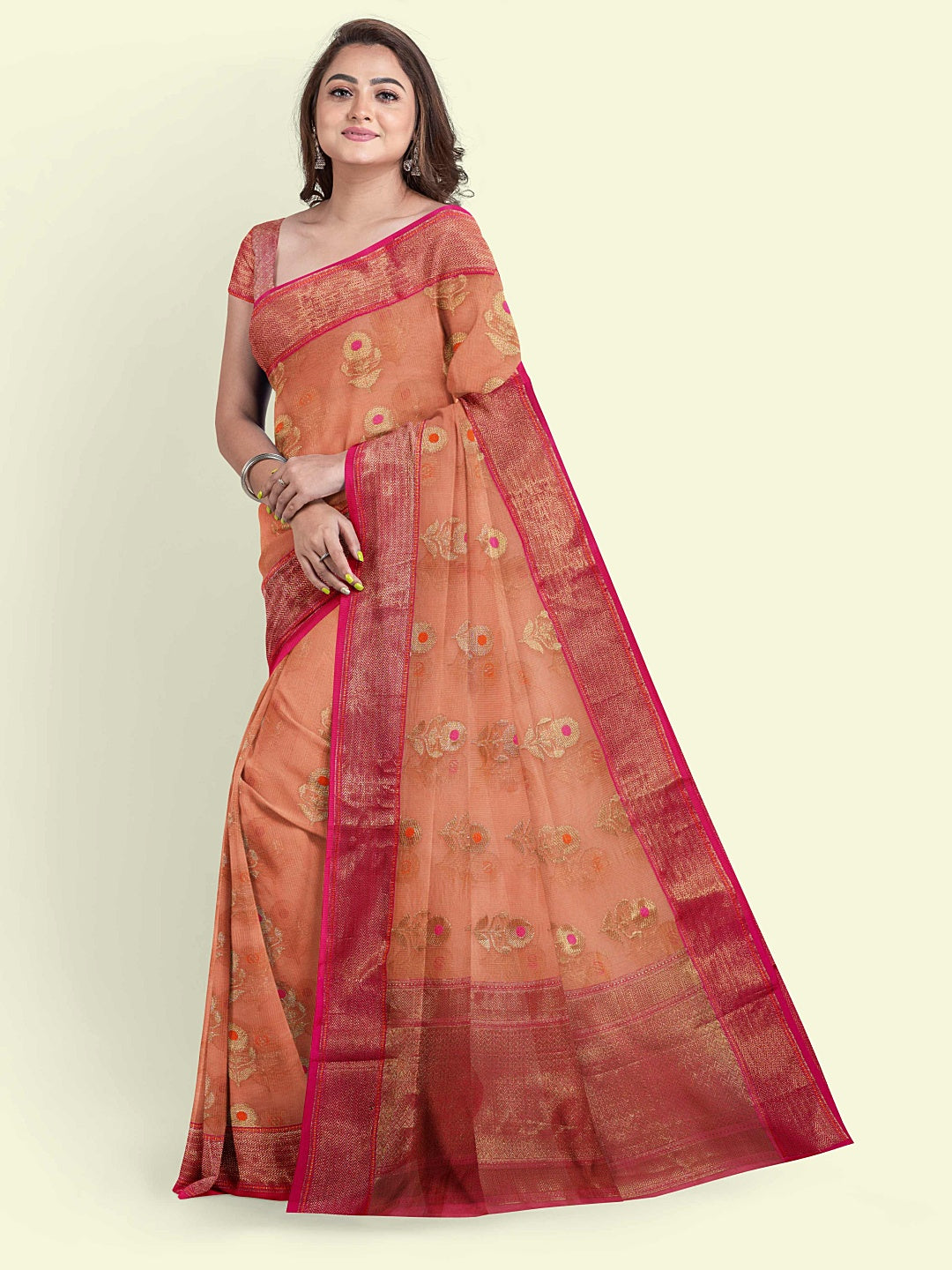 Faishana Presents Orange Green Cotton Floral Meena Booti With Pink Border And Pink Blouse Banarasi Saree