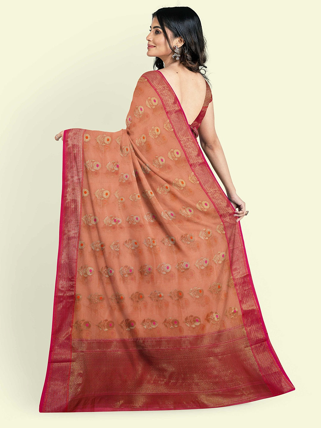 Faishana Presents Orange Green Cotton Floral Meena Booti With Pink Border And Pink Blouse Banarasi Saree