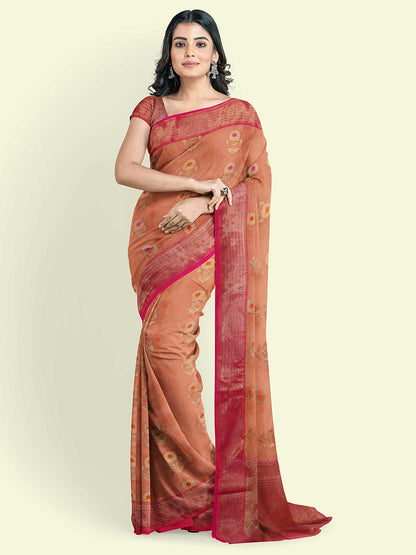 Faishana Presents Orange Green Cotton Floral Meena Booti With Pink Border And Pink Blouse Banarasi Saree