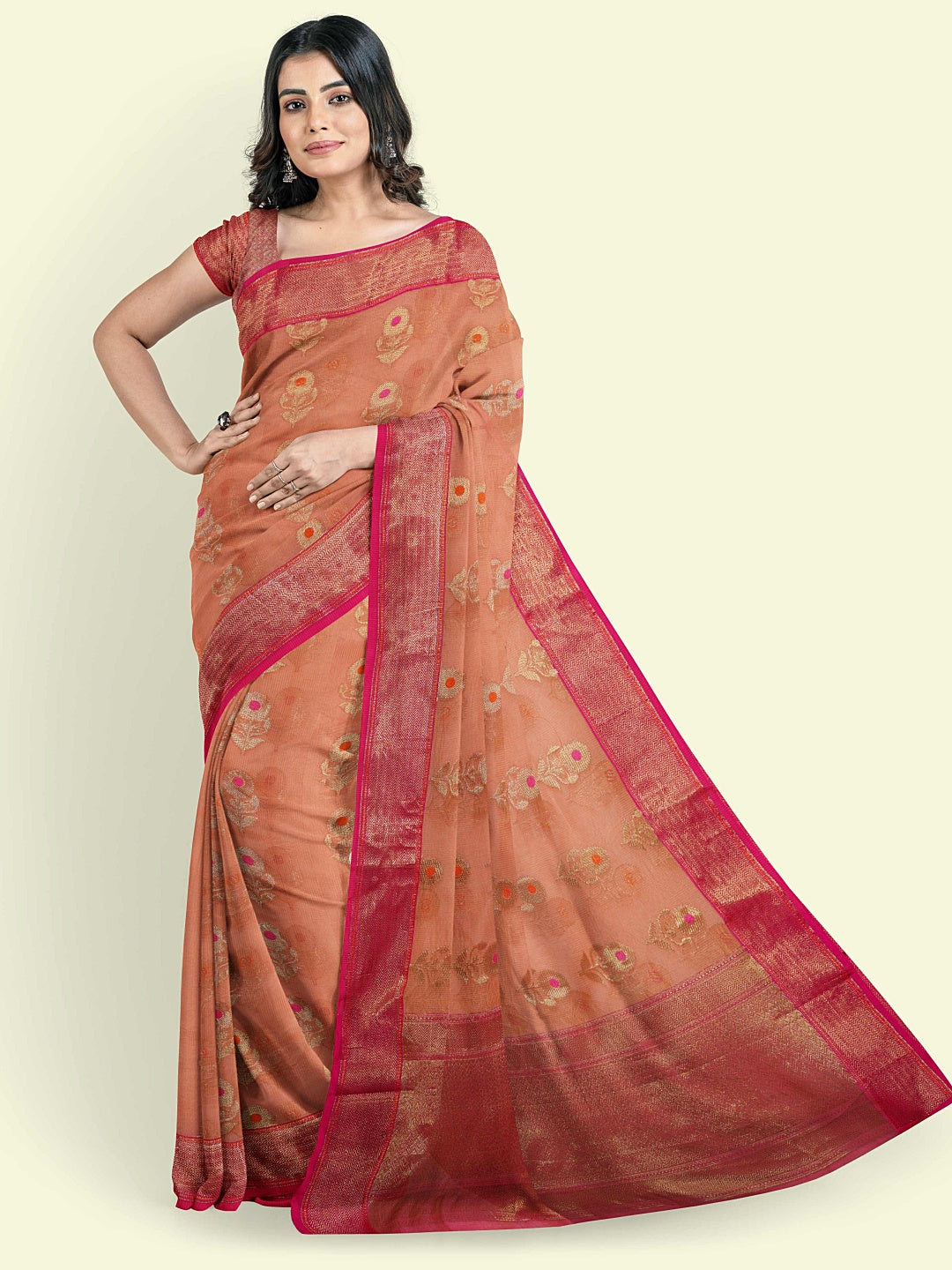 Faishana Presents Orange Green Cotton Floral Meena Booti With Pink Border And Pink Blouse Banarasi Saree