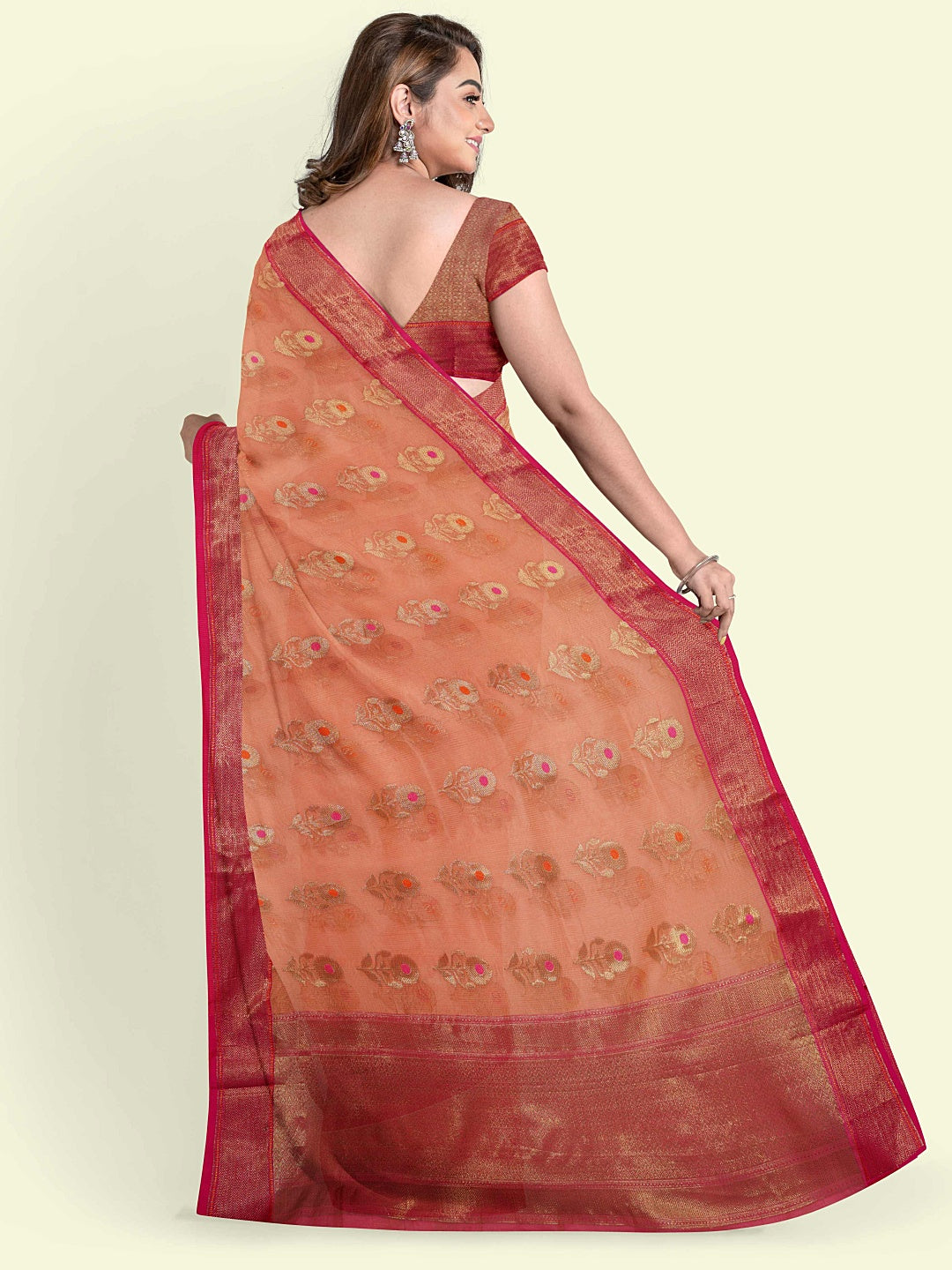Faishana Presents Orange Green Cotton Floral Meena Booti With Pink Border And Pink Blouse Banarasi Saree