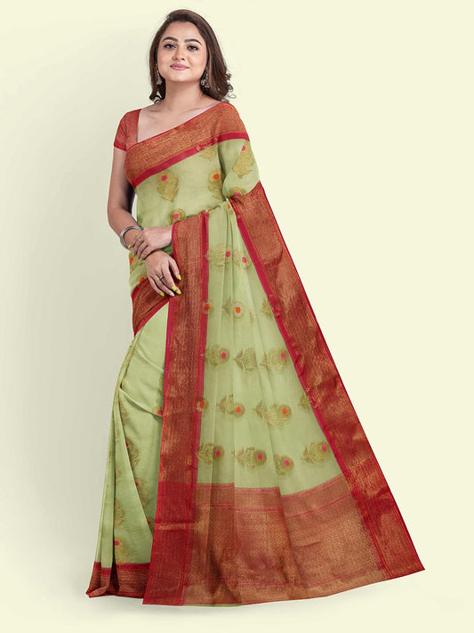 Faishana Presents Green Cotton Floral Meena Booti With Red Border And Red Blouse Banarasi Saree
