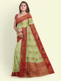Faishana Presents Peach Cotton Alfi Jaal Red Border With Red Blouse Banarasi Saree