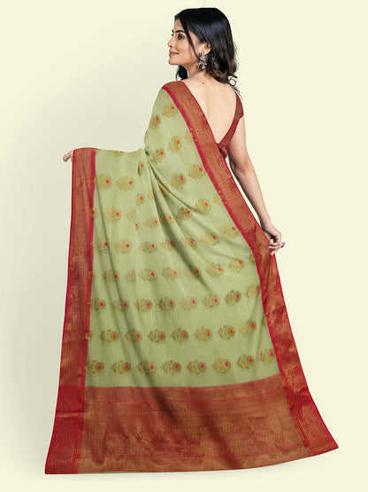 Faishana Presents Peach Cotton Alfi Jaal Red Border With Red Blouse Banarasi Saree