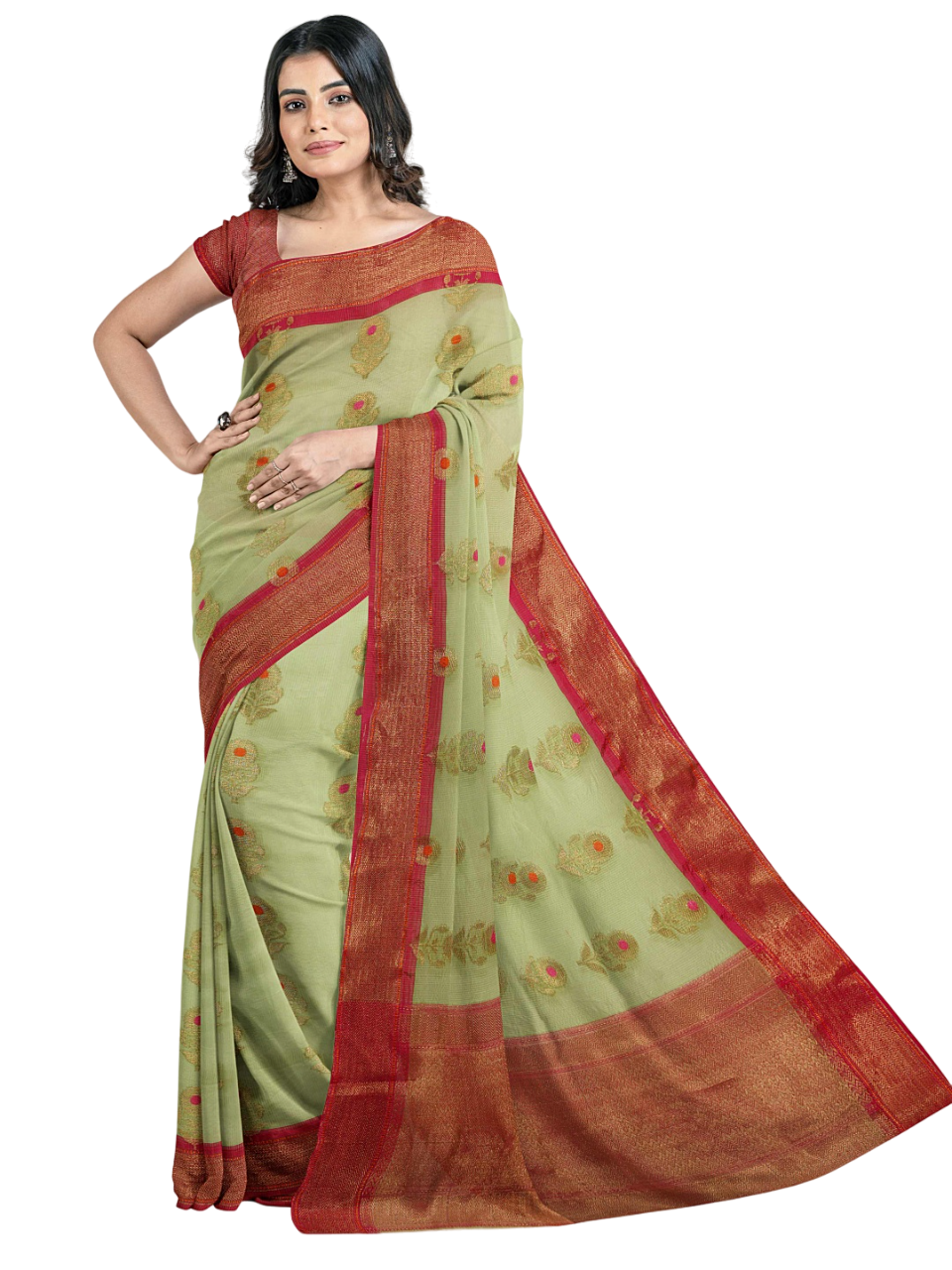 Faishana Presents Peach Cotton Alfi Jaal Red Border With Red Blouse Banarasi Saree