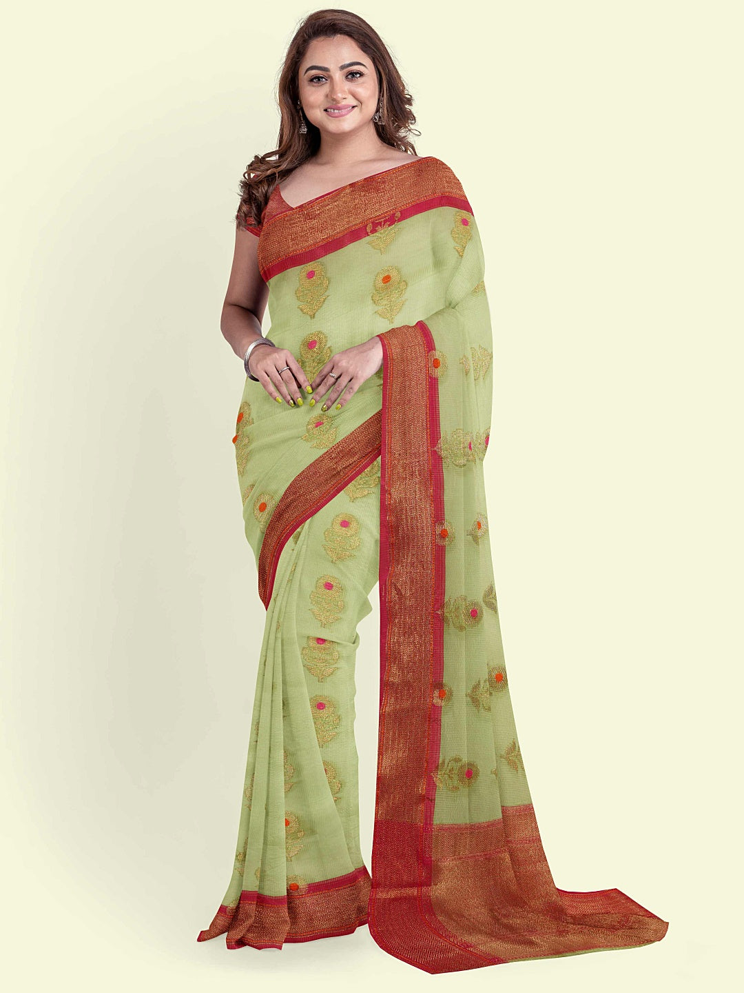 Faishana Presents Peach Cotton Alfi Jaal Red Border With Red Blouse Banarasi Saree