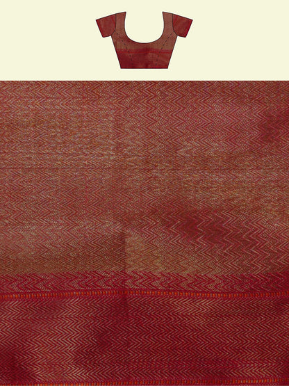 Faishana Presents Peach Cotton Alfi Jaal Red Border With Red Blouse Banarasi Saree