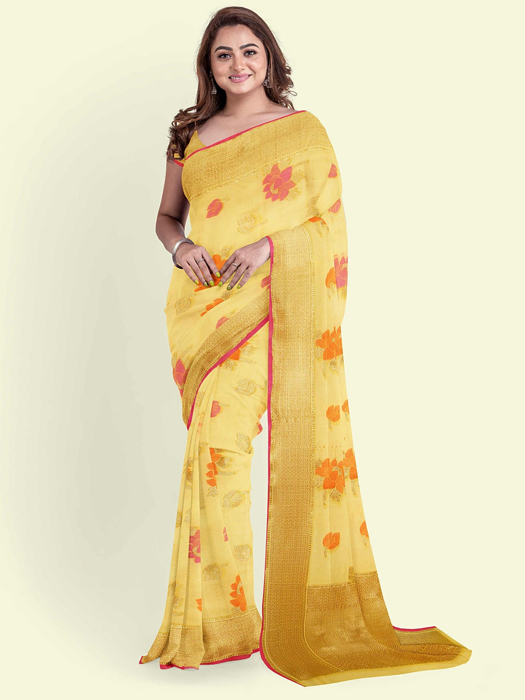 Faishana Presents Yellow Cotton Floral Boota Beige Border With Yellow Blouse Banarasi Saree
