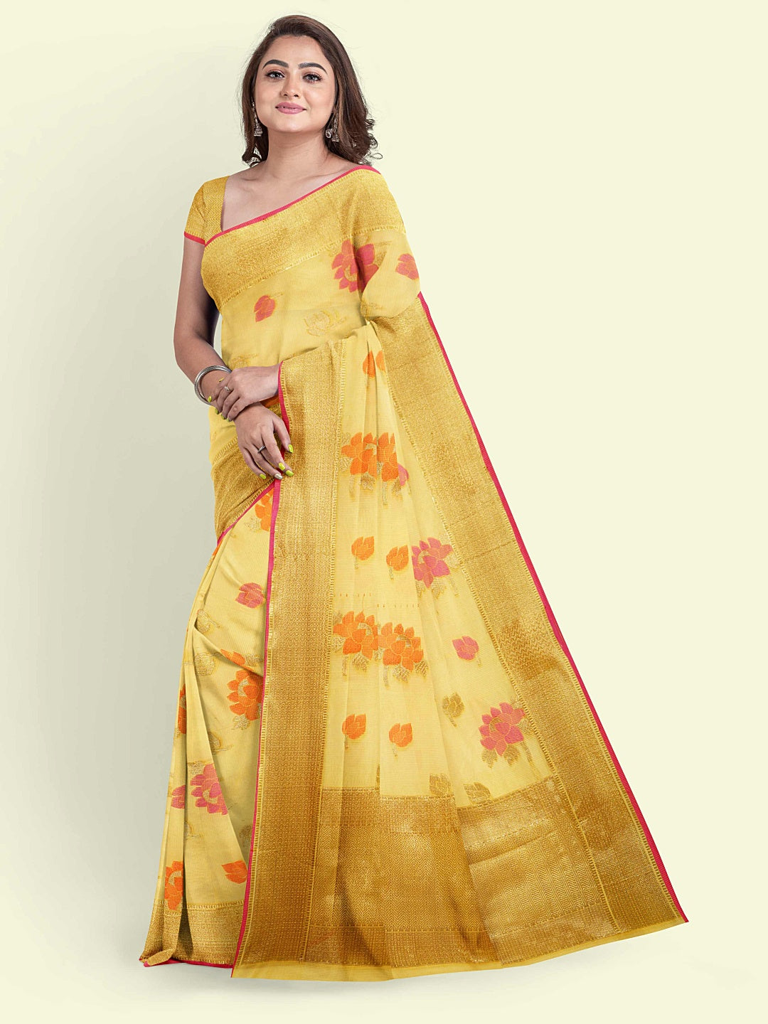 Faishana Presents Yellow Cotton Floral Boota Beige Border With Yellow Blouse Banarasi Saree