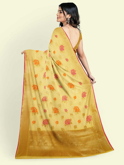 Faishana Presents Yellow Cotton Floral Boota Beige Border With Yellow Blouse Banarasi Saree