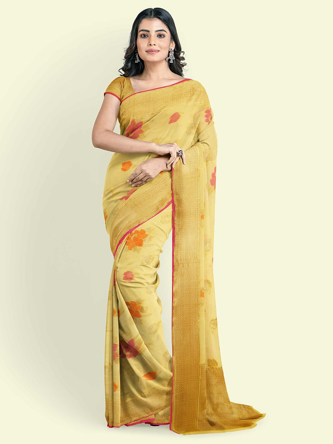 Faishana Presents Yellow Cotton Floral Boota Beige Border With Yellow Blouse Banarasi Saree