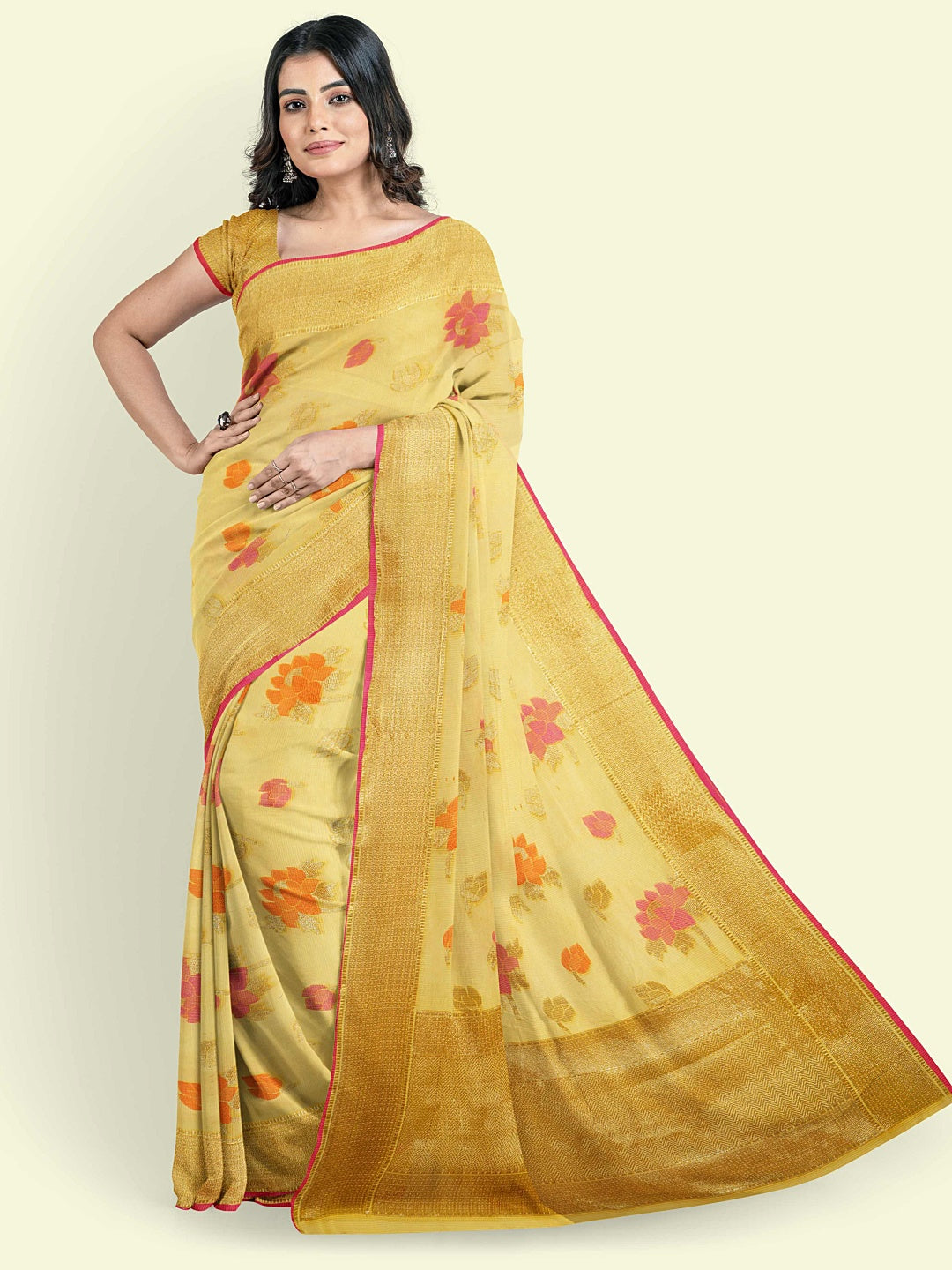 Faishana Presents Yellow Cotton Floral Boota Beige Border With Yellow Blouse Banarasi Saree