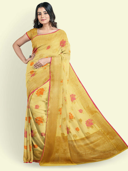 Faishana Presents Yellow Cotton Floral Boota Beige Border With Yellow Blouse Banarasi Saree