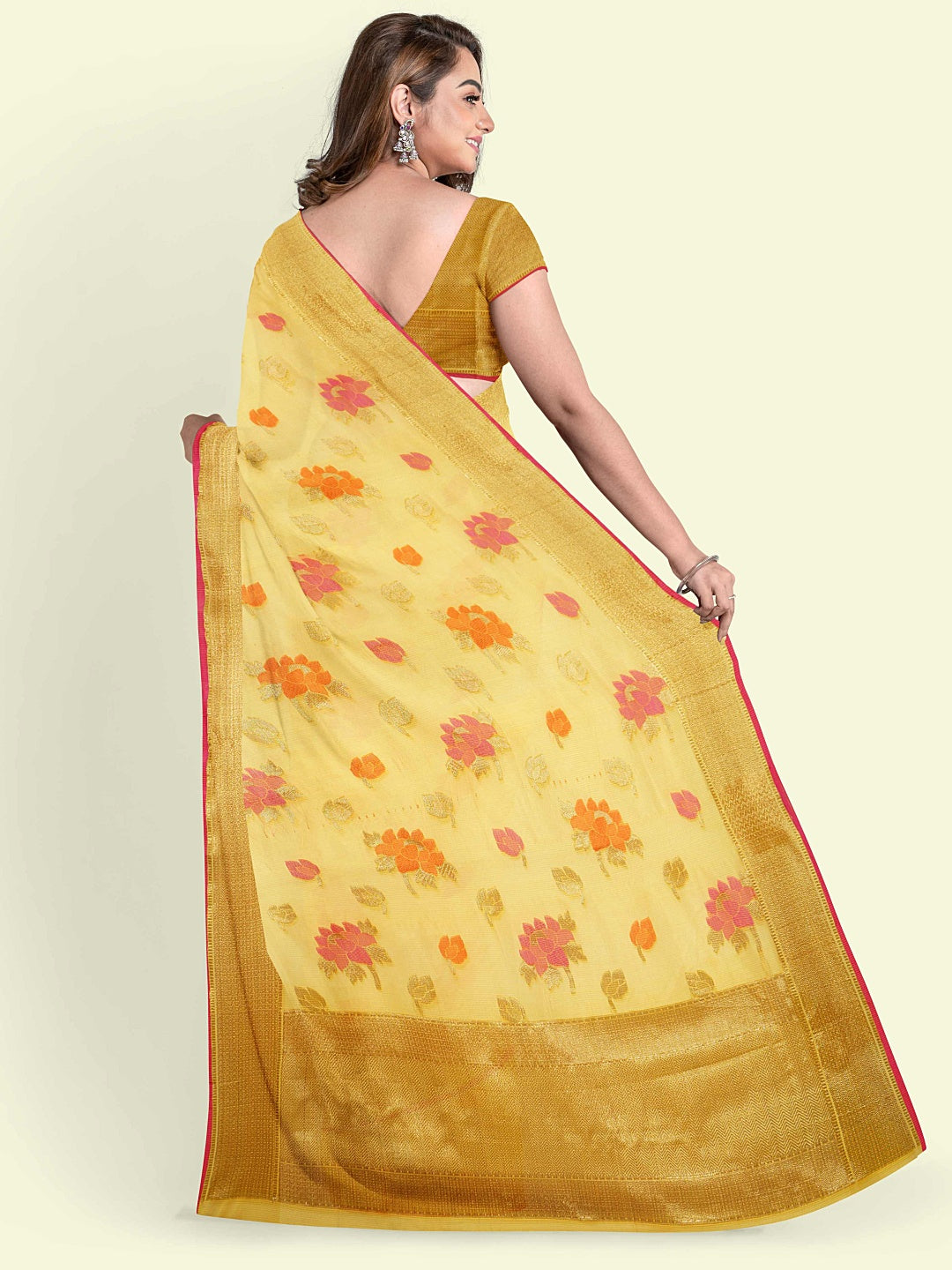 Faishana Presents Yellow Cotton Floral Boota Beige Border With Yellow Blouse Banarasi Saree