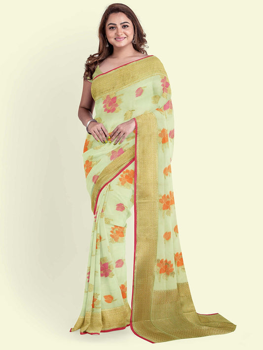 Faishana Presents Green Cotton Motif Booti With Green Border And Green Blouse Banarasi Saree