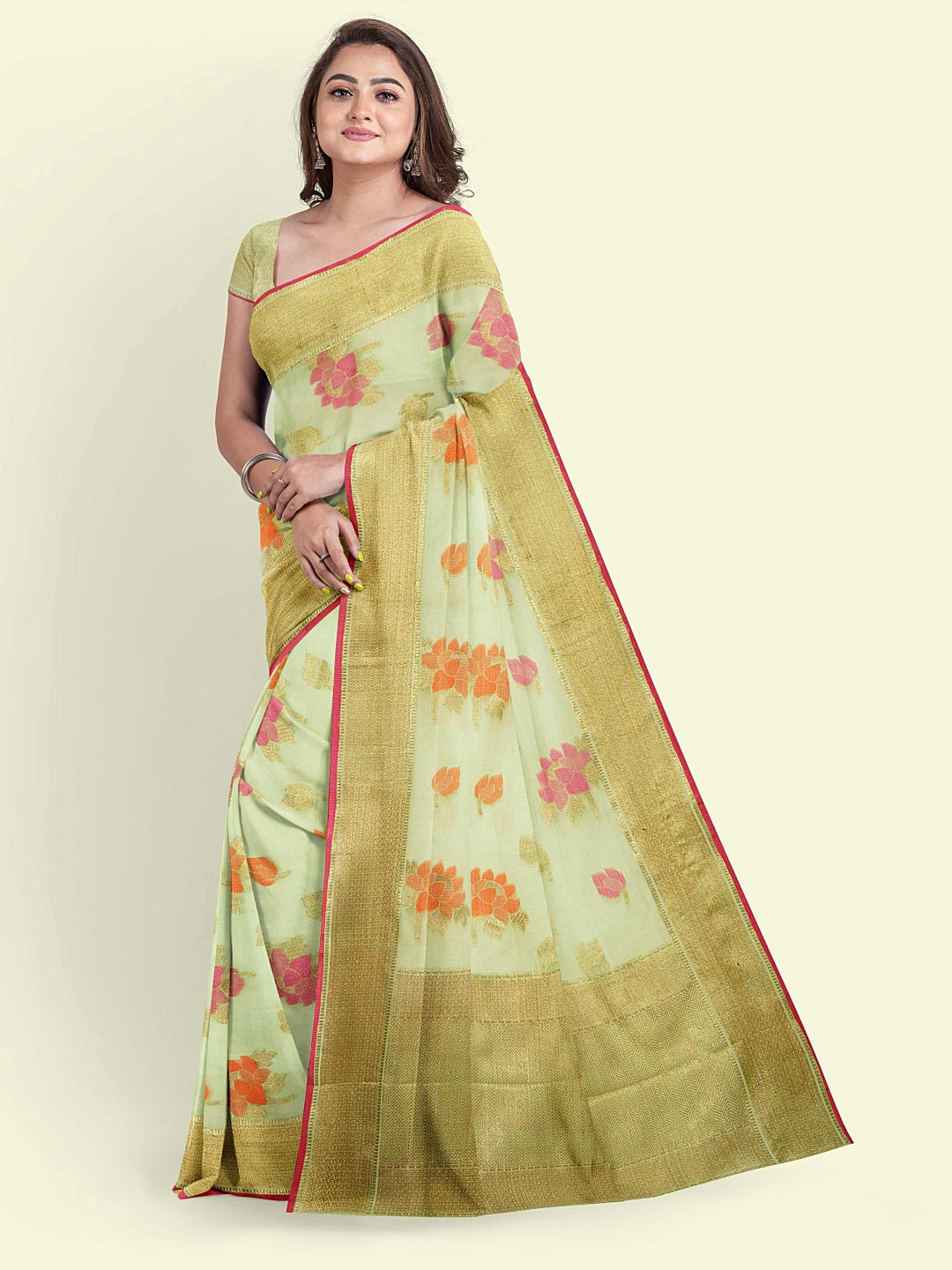 Faishana Presents Green Cotton Motif Booti With Green Border And Green Blouse Banarasi Saree