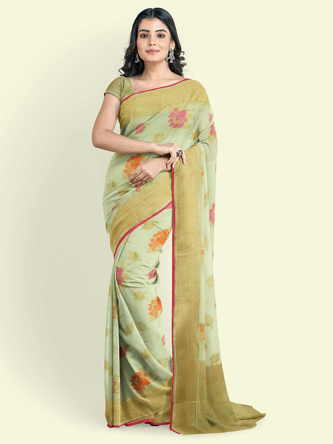 Faishana Presents Green Cotton Motif Booti With Green Border And Green Blouse Banarasi Saree