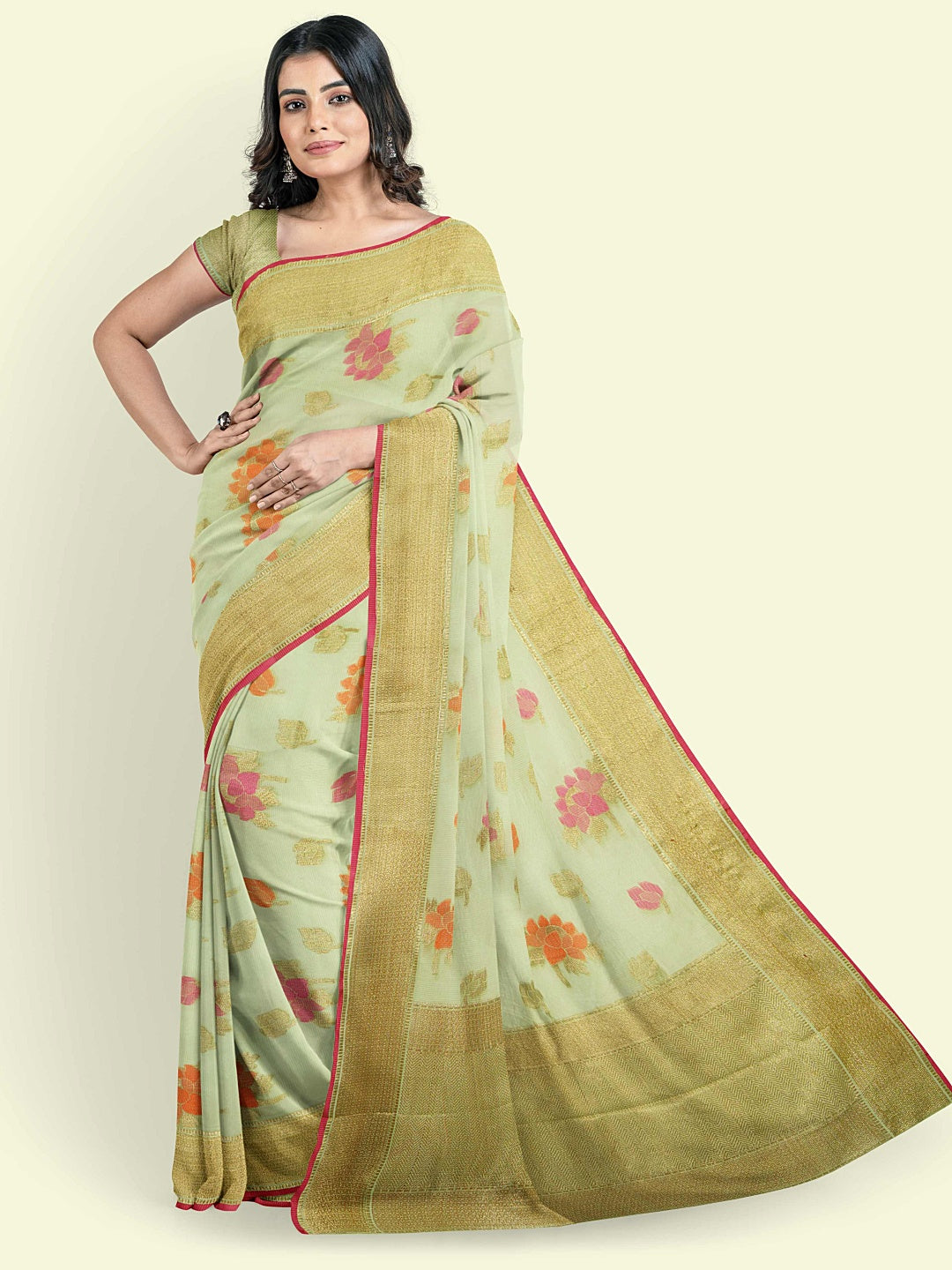 Faishana Presents Green Cotton Motif Booti With Green Border And Green Blouse Banarasi Saree