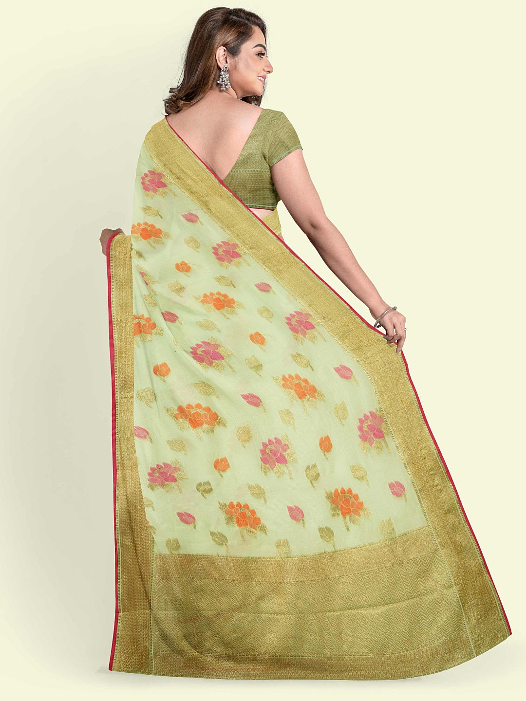 Faishana Presents Green Cotton Motif Booti With Green Border And Green Blouse Banarasi Saree