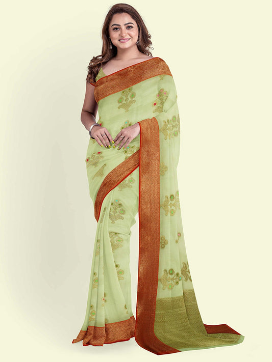 Faishana Presents Green Cotton Paisley Booti Check  Border With Green Blouse Banarasi Saree
