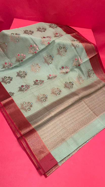 Faishana Presents Green Cotton Paisley Booti Check  Border With Green Blouse Banarasi Saree