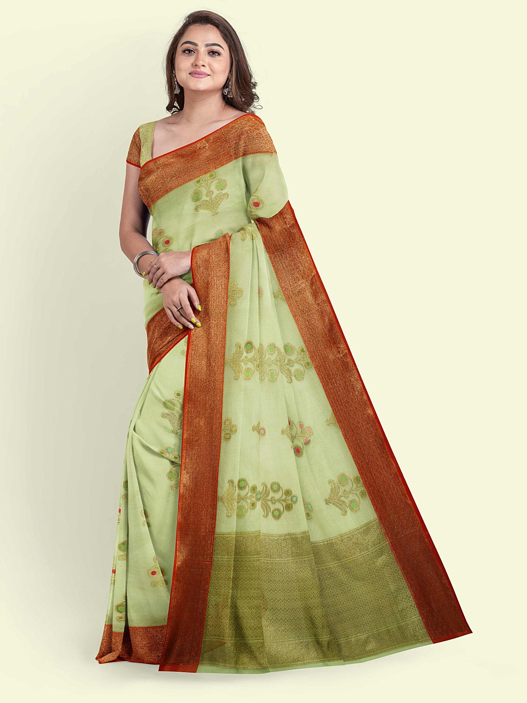 Faishana Presents Green Cotton Paisley Booti Check  Border With Green Blouse Banarasi Saree
